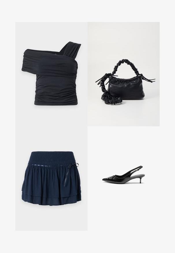 Top preto sem alças feito de um tecido macio e elástico, com detalhes franzidos e um design de alça larga de um lado.; Saia azul marinho com cintura franzida, design em camadas com babados, detalhe em fita de cetim e costura decorativa subtil.; Sapatos de salto alto slingback em couro preto, com bico fino, salto baixo tipo kitten e detalhe franzido na pala. Textura suave e design minimalista.; Bolsa de mão em couro sintético preto com textura de crocodilo, topo franzido e alça enrugada. Apresenta um design suave e compacto.