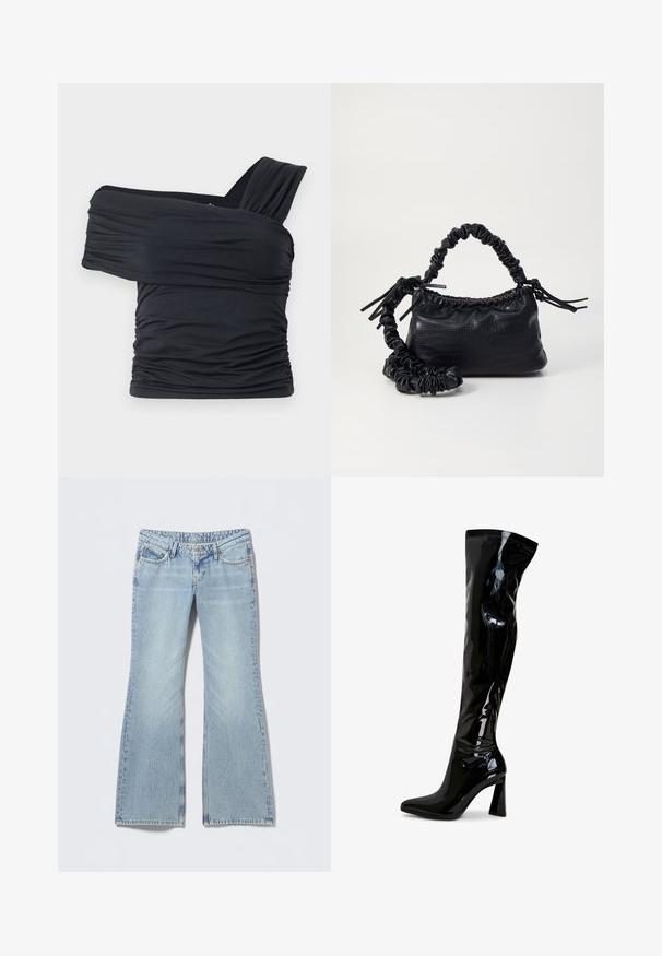 Czarny top bez ramion wykonany z miękkiego, elastycznego materiału, z marszczonymi detalami i szerokim paskiem po jednej stronie.; Jasnoniebieskie dzwony jeansowe z efektem wyblakłym, pięciokieszeniowym designem i kontrastującym przeszyciem. Bawełniany denim o gładkiej fakturze.; Czarne kozaki za kolano wykonane z błyszczącej skóry lakowej, charakteryzujące się eleganckim wyglądem, szpiczastym czubkiem i blokowym obcasem.; Czarna torebka z syntetycznej skóry o teksturze krokodyla, z zaciąganym górnym zamknięciem i marszczonym paskiem. Wygląda na miękką i zwartą w designie.