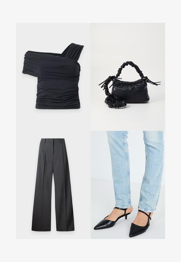 Must mustriba mustreenipee peal pehmed kudumeeliselt ja venivast kangast, omades rikutud detaile ja laia rihma disaini ühel küljel.; Tumesed püksid tumesinises kangas, kõrge vöökoht, üks voldik ning sile struktuur puhaste ääristega.; Mustad nahast teravatinäolised slingback kontsad madala kitten-kontsaga ja üksteise ümber ankle strap'iga, kombineeritud helesiniste teksadega.; Must must sünteetilisest nahast käekott, millel on krokodillimuster, kokku tõmmatav ülaosa ja kortsus rihm. Tundub pehme ja kompaktne disain.