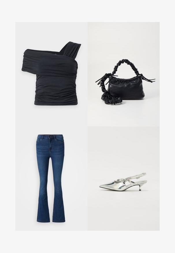 Top noir à épaules dénudées en tissu doux et extensible, présentant des détails froncés et une conception de large bretelle d'un côté.; Jeans évasés en denim bleu foncé avec poches avant et arrière, fermeture par bouton et zip, et effet délavé sur les cuisses et les genoux.; Chaussures argentées métalliques à dos ouvert avec un bout pointu, un petit talon kitten et des détails de sangle à l'avant. Surface lisse et brillante.; Sac à main en simili cuir noir avec une texture crocodile, un dessus resserré et une sangle froncée. A l'apparence douce et compacte.
