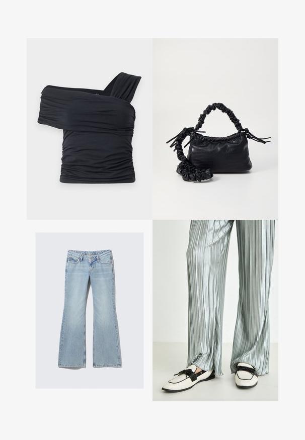 Crna bluzica bez naramenica napravljena od mekog, rastezljivog materijala, sa nabranim detaljima i širokim remenom s jedne strane.; Weekday NOVA - Traperice uskog kroja - lip blue; Svijetlosive plisirane hlače uparene su s krem pastelnim cipelama bez pertli koje imaju crni remen i detalj mašne, s ravnim potplatom.; Crna torba od umjetne kože s teksturom krokodila, s cinčanim vrhom i naboranom trakom. Izgleda mekano i kompaktno u dizajnu.