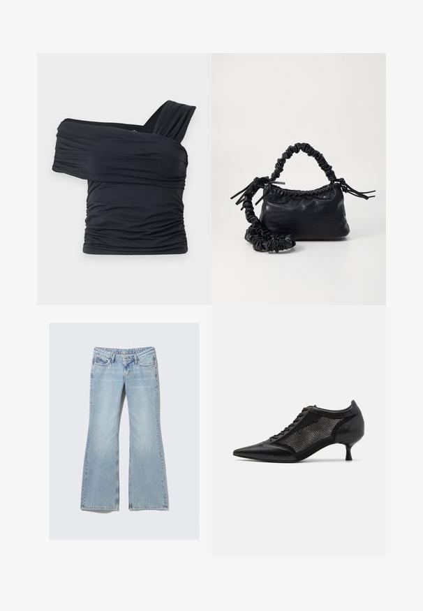 Top negru, cu umeri golași, fabricat dintr-un material moale și elastic, având detalii plissate și un design cu bretele late pe o parte.; Weekday NOVA - Blugi slim fit - lip blue; Pantofii negri cu vârful ascuțit au un design din panouri de plasă, având un toc mic și șireturi în față. Sunt confecționați dintr-o combinație de piele și material din plasă.; Geantă din faux leather neagră cu textură de crocodil, cu partea superioară strânsă și o curea mototolită. Pare moale și compactă ca design.