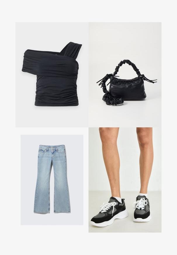 Must mustriba mustreenipee peal pehmed kudumeeliselt ja venivast kangast, omades rikutud detaile ja laia rihma disaini ühel küljel.; Weekday NOVA - Liibuvad teksad - lip blue; Mustmust ja hallid spordijalatsid, mis on valmistatud võrgu- ja nahkmaterjalidest, valged nöörid ja paks valge tald. Sokid on nähtavad tennisetailast kõrgemal.; Must must sünteetilisest nahast käekott, millel on krokodillimuster, kokku tõmmatav ülaosa ja kortsus rihm. Tundub pehme ja kompaktne disain.