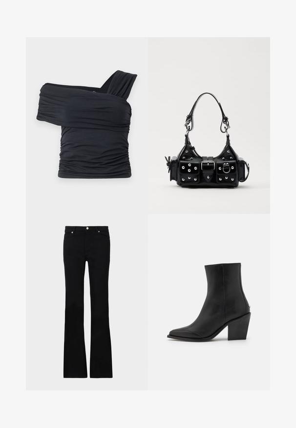 Czarny top bez ramion wykonany z miękkiego, elastycznego materiału, z marszczonymi detalami i szerokim paskiem po jednej stronie.; Czarne dzwony z denimu, z dwoma przednimi kieszeniami, zapięciem na guzik i gładką fakturą. Widoczne charakterystyczne szycie na szwach.; Czarne skórzane botki za kostkę z ostrym noskiem, na blokowym obcasie i subtelnymi detalami po bokach. Gładka tekstura z minimalistycznym designem.; Czarna skórzana torebka w zakrzywionym kształcie, z srebrnymi ćwiekami, klamrą i dwoma bocznymi kieszeniami. Regulowany pasek umożliwiający różne opcje noszenia.