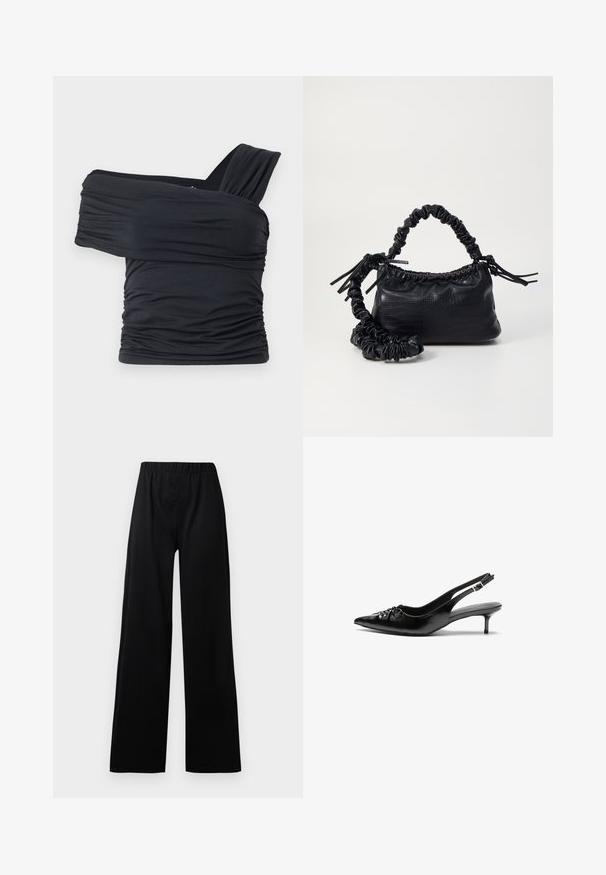 Top negru, cu umeri golași, fabricat dintr-un material moale și elastic, având detalii plissate și un design cu bretele late pe o parte.; Pantaloni negri cu picioare largi, dotati cu un talie elastică; realizați dintr-un material texturat, având un design minimalist și picioare drepte.; Cizme slingback din piele neagră, cu vârf ascuțit, toc mic de tip kitten heel și un detaliu decorativ sub formă de nod în față. Textură netedă pe întreaga suprafață.; Geantă din faux leather neagră cu textură de crocodil, cu partea superioară strânsă și o curea mototolită. Pare moale și compactă ca design.