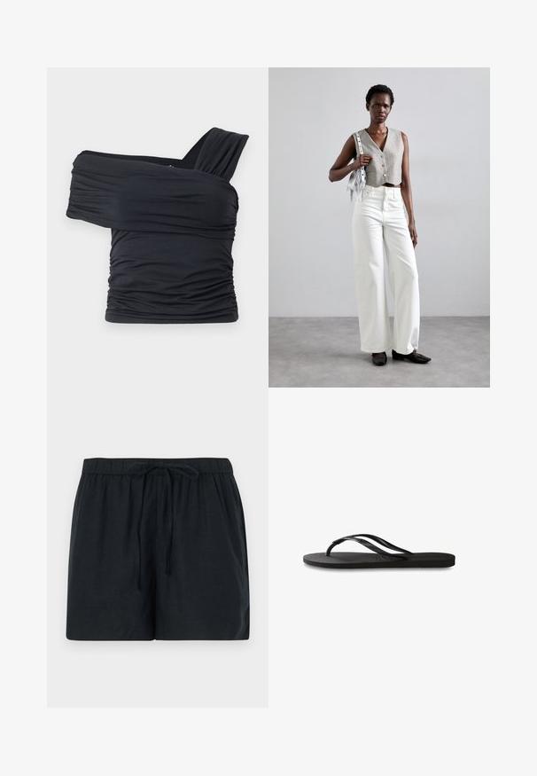 Čierny top bez ramienok vyrobený z jemného, elastického materiálu, s nariasenými detailmi a širokým dizajnom ramienka na jednej strane.; Čierne ľanové šortky so zvýšeným pásom a šnúrkou, ktoré zaisťujú voľný strih a hladký pocit.; Čierne žabky s textúrovanou gumovou podrážkou, dvoma štíhlymi popruhmi a diskrétnym embosovaným logom na popruhu.; Sivý skrátený vest s gombíkmi, skombinovaný s bielymi širokými nohavicami a čiernymi plochými topánkami. Doplnkový malý strieborný strapcatý ruksak.