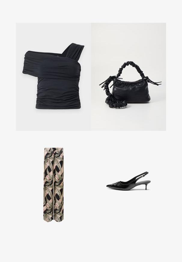 Top preto sem alças feito de um tecido macio e elástico, com detalhes franzidos e um design de alça larga de um lado.; Calças palazzo com uma base preta e um ousado padrão de folhas em verde, bege e vermelho, com uma faixa elástica na cintura para maior conforto.; Sapatos de salto alto slingback em couro preto com bico fino, pequeno salto kitten e um detalhe decorativo em forma de nó na parte da frente. Textura suave em toda a parte.; Bolsa de mão em couro sintético preto com textura de crocodilo, topo franzido e alça enrugada. Apresenta um design suave e compacto.