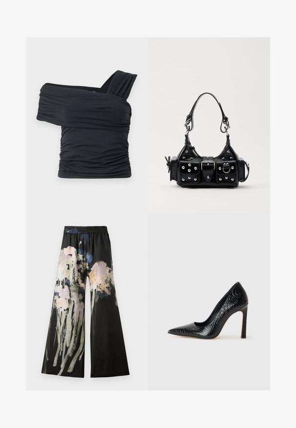 Must mustriba mustreenipee peal pehmed kudumeeliselt ja venivast kangast, omades rikutud detaile ja laia rihma disaini ühel küljel.; Laiad püksid mustast kangast, millel on roosa, sinine ja roheline tooni akvarelllillede print; mugavust tagav elastne vöökoht.; Mustan teravaotsaga kõrge kontsaga king, millel on krokodillimustriga tekstuur, stiilne disain, kõrge stilettokonts ja sile must sisesisustus.; Must värvi nahast käekott, millel on kaarjas disain, hõbedased nupukesed, kinnitusahe ja kaks külgtaskut. Reguleeritav rihm erinevate kandmisvõimaluste jaoks.