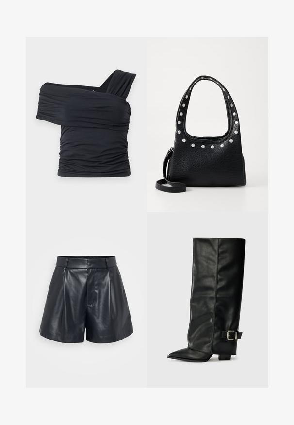 Juodas viršus be petnešų, pagamintas iš minkšto, elastingo audinio, su raukšlėtomis detalėmis ir plačios petnešos dizainu vienoje pusėje.; Juodi odiniai šortai su lygiu paviršiumi, pritaikytu dizainu, raukšlėta priekiu ir diržo kilpomis; turi paslėptą užtrauktuko kišenę šone.; Juodų odinių kulkšninių batų su smailiu pirštu, lygia tekstūra ir sidabriniu sagties akcentu šone. Masyvūs kvadratiniai kulniukai.; Juodas tekstūruotas odinis rankinukas su sidabriniais deimantais viršutiniame krašte ir ant rankenų, turintis trumpą rankeną ir nuimamą diržą.