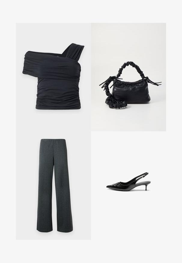 Black off-shoulder top made from soft, stretchy fabric, featuring ruched details and a wide strap design on one side.; Wide-leg trousers in dark grey tweed fabric. Features side slits at the hem and an elastic waistband for a relaxed fit.; Black leather slingback heels with a pointed toe, small kitten heel, and a decorative knot detail on the front. Smooth texture throughout.; Black faux leather handbag with a crocodile texture, cinched top, and a scrunched strap. Appears soft and compact in design.