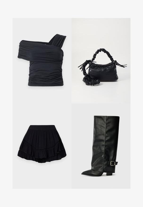 Black off-shoulder top made from soft, stretchy fabric, featuring ruched details and a wide strap design on one side.; Black, layered ruffled skirt with an elastic waistband and fine lace trim, made of lightweight fabric, featuring a flared silhouette.; Black leather ankle-length boots with a pointed toe, smooth texture, and a silver buckle accent on the side. Chunky square heel.; Black faux leather handbag with a crocodile texture, cinched top, and a scrunched strap. Appears soft and compact in design.