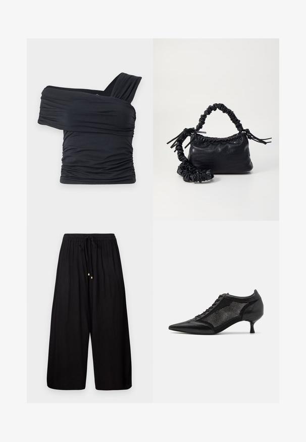 Fekete, vállnélküli felső, puha, rugalmas anyagból, fodros részletekkel és egyoldali széles pánttal.; Fekete, bő szárú nadrág struktúrált anyagból. Rugalmas derékkel és zsinórral rendelkezik, a zsinór végein aranyszínű díszítéssel.; Fekete, hegyes orrú cipő, hálós panel tervezéssel, alacsony sarokkal és fűzős elülső résszel. Bőrből és hálós anyagból készült.; Fekete műbőr kézi táska krokodil bőr textúrával, összehúzható tetejű és gyűrt pánttal. Lágy és kompakt dizájnúnak tűnik.