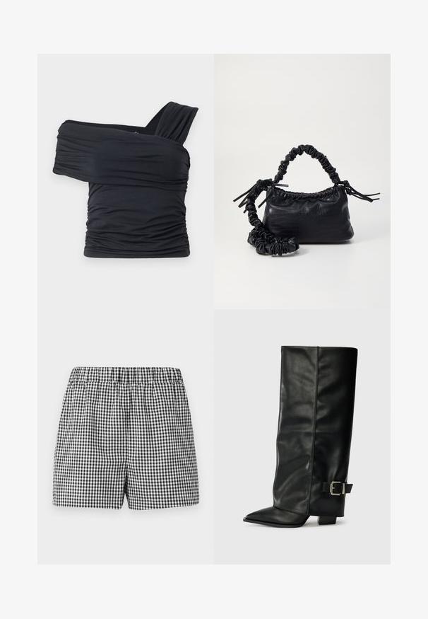 Czarny top bez ramion wykonany z miękkiego, elastycznego materiału, z marszczonymi detalami i szerokim paskiem po jednej stronie.; Czarno-białe szorty w kratę z elastyczną talią i luźnym krojem. Wykonane z lekkiego materiału. Bez dodatkowych detali ani kieszeni.; Czarne skórzane botki do kostek z ostrym noskiem, gładką fakturą i srebrnym zapięciem z boku. Gruby kwadratowy obcas.; Czarna torebka z syntetycznej skóry o teksturze krokodyla, z zaciąganym górnym zamknięciem i marszczonym paskiem. Wygląda na miękką i zwartą w designie.