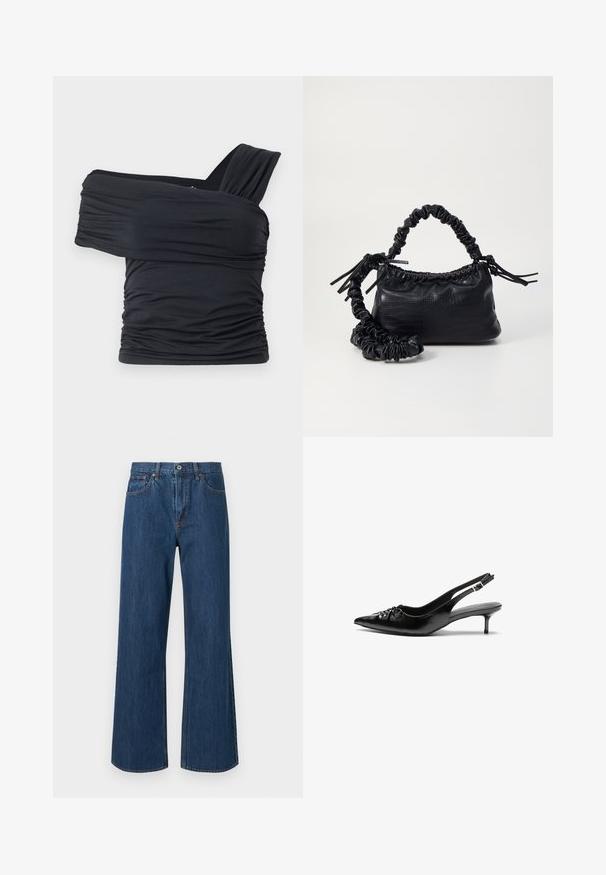 Black off-shoulder top made from soft, stretchy fabric, featuring ruched details and a wide strap design on one side.; Wide-leg denim jeans in medium blue, featuring a high waist, front pockets, and subtle stitching details. Smooth texture with rounded hems.; Black leather slingback heels with a pointed toe, small kitten heel, and a decorative knot detail on the front. Smooth texture throughout.; Black faux leather handbag with a crocodile texture, cinched top, and a scrunched strap. Appears soft and compact in design.