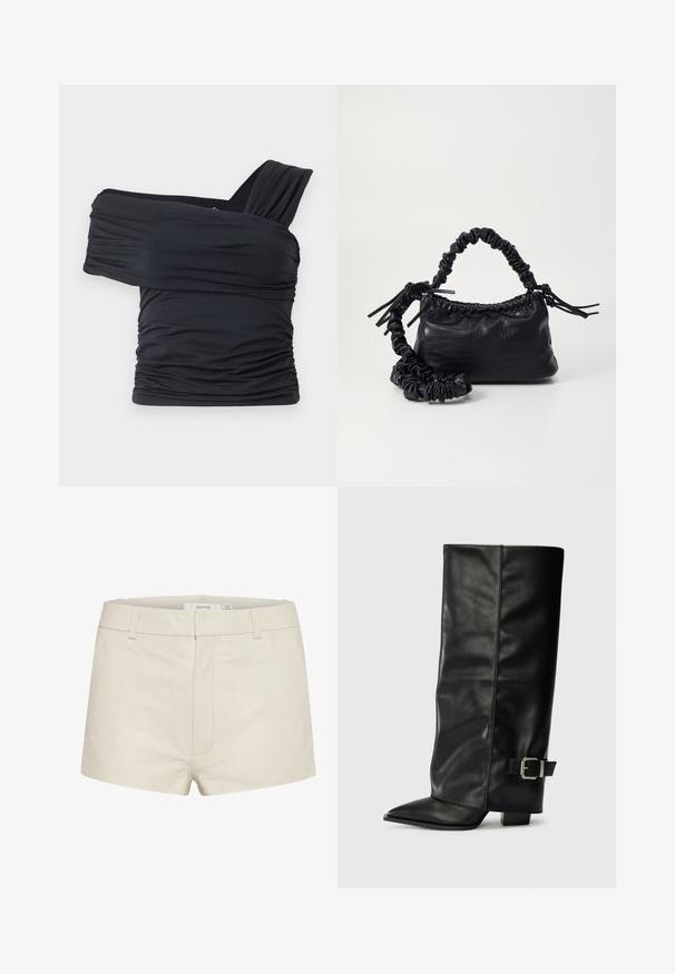 Top noir à épaules dénudées en tissu doux et extensible, présentant des détails froncés et une conception de large bretelle d'un côté.; Shorts en cuir beige avec une texture lisse, dotés d'une taille ajustée, de passants de ceinture et de coutures frontales discrètes. Design simple et contemporain.; Bottes noires en cuir longueur cheville avec un bout pointu, texture lisse et une accent en boucle argentée sur le côté. Talon carré épais.; Sac à main en simili cuir noir avec une texture crocodile, un dessus resserré et une sangle froncée. A l'apparence douce et compacte.