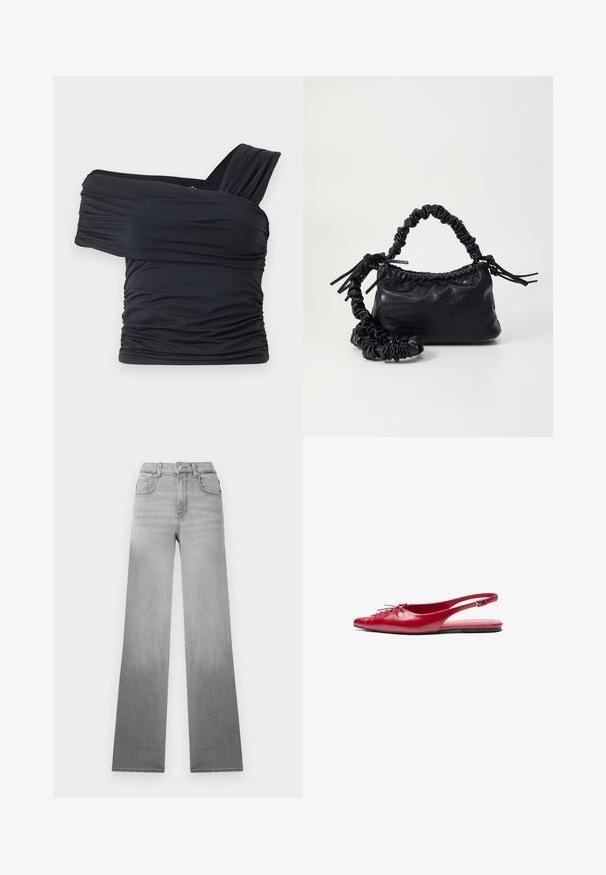 Crna bluzica bez naramenica napravljena od mekog, rastezljivog materijala, sa nabranim detaljima i širokim remenom s jedne strane.; Sive traperice s izblijedjelim ombré efektom, visokim strukom, klasičnim pet džepovima i ravnim, širokim nogavicama izrađene od traper tkanine.; Crvene kožne cipele s remenom oko pete, ravne, s šiljastim vrhom i dekorativnim vezanjem sprijeda, s uskim remenom oko gležnja i ravnim đonom.; Crna torba od umjetne kože s teksturom krokodila, s cinčanim vrhom i naboranom trakom. Izgleda mekano i kompaktno u dizajnu.