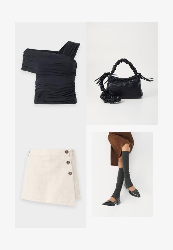 Fekete, vállnélküli felső, puha, rugalmas anyagból, fodros részletekkel és egyoldali széles pánttal.; Beige vászon szoknya, amely csipkés kialakítású, oldalán három barna gombbal és enyhén texturált anyagfelülettel.; Fekete lakk bőrből készült, hegyes orrú cipők, tömbsarkúakkal és bokapánttal, szürke bordás lábszármelegítőkkel és barna velúr szoknyával párosítva.; Fekete műbőr kézi táska krokodil bőr textúrával, összehúzható tetejű és gyűrt pánttal. Lágy és kompakt dizájnúnak tűnik.