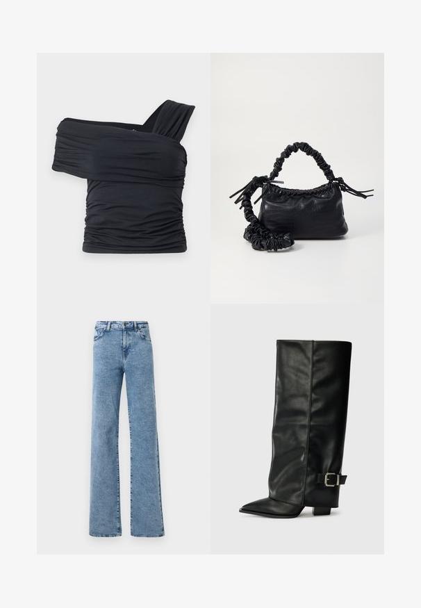 Fekete, vállnélküli felső, puha, rugalmas anyagból, fodros részletekkel és egyoldali széles pánttal.; Noisy May NMYOLANDA - Széles szárú - medium blue denim; Fekete bőr bokáig érő csizmák hegyes orral, sima felülettel és ezüst csattal az oldalon. Tömbös négyzet alakú sarok.; Fekete műbőr kézi táska krokodil bőr textúrával, összehúzható tetejű és gyűrt pánttal. Lágy és kompakt dizájnúnak tűnik.