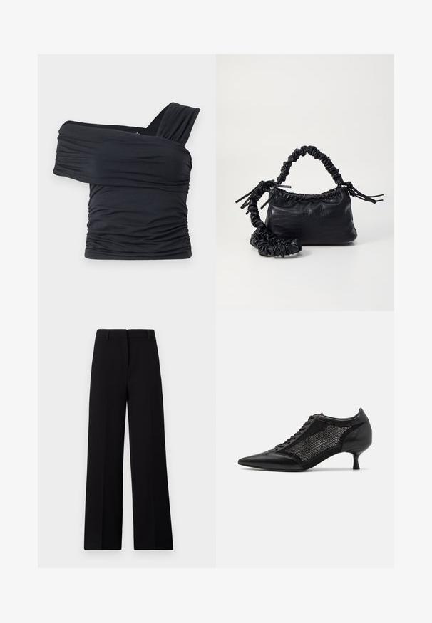 Black off-shoulder top made from soft, stretchy fabric, featuring ruched details and a wide strap design on one side.; Black wide-leg trousers featuring a smooth fabric, flat front, and clean waistband with belt loops, no visible pockets or embellishments.; Black pointed-toe shoe with a mesh panel design, featuring a low heel and lace-up front. Made from a combination of leather and mesh material.; Black faux leather handbag with a crocodile texture, cinched top, and a scrunched strap. Appears soft and compact in design.