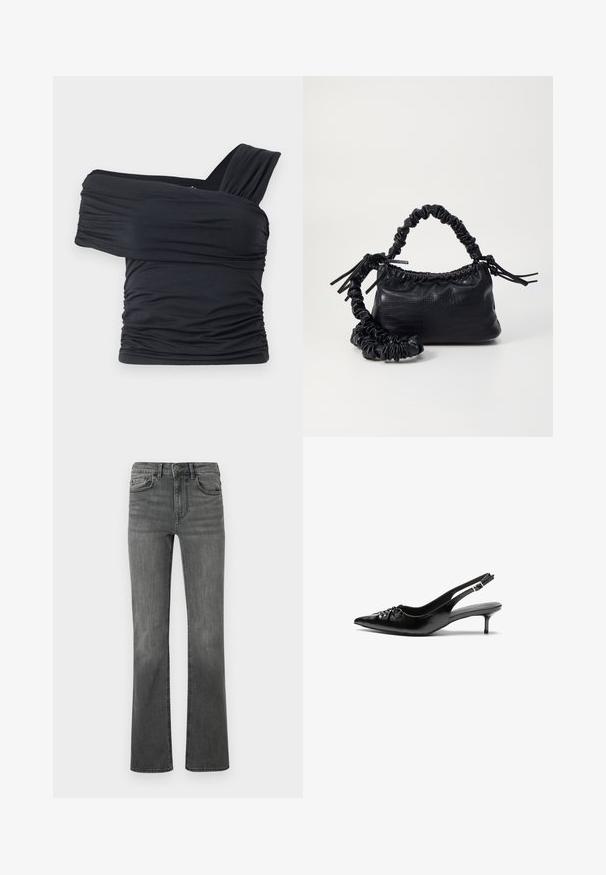 Zwarte off-shoulder top gemaakt van zachte, rekbare stof, met gerimpelde details en een bredere bandontwerp aan één kant.; Uitgebreide jeans van donkergrijs denim met een hoge taille, vijf zakken en een enkele knoopsluiting. Soepele textuur met lichte vervaging.; Zwarte leren slingback hakken met een spitse neus, kleine kittenhak en een decoratieve knoopdetail aan de voorkant. Smooth textuur overal.; Zwarte nepleer handtas met een krokodillenstructuur, opgedroogde bovenkant en een gekreukte hengsel. Het lijkt zacht en compact van ontwerp.