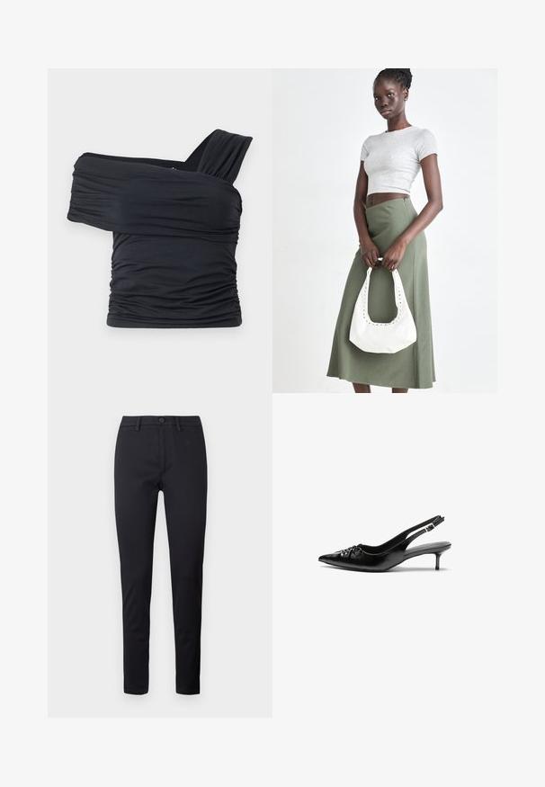 Čierny top bez ramienok vyrobený z jemného, elastického materiálu, s nariasenými detailmi a širokým dizajnom ramienka na jednej strane.; Čierne nohavice vyrobené z hladkého materiálu, s klasickým pásom, prednými vreckami a zúženými nohami. Bez viditeľných vzorov alebo akcentov.; Čierne kožené sandále na podpatku so špičatou špičkou, nízkym širokým podpätkom a nariaseným detailom na priehlavku. Hladká textúra a minimalistický dizajn.; Sivý pruhovaný crop top a olivovo zelená sukňa s vysokým pásom. Model drží bielu ramennú tašku s vyrezávanými detailmi. Jednoduchý dizajn, priliehavý strih.