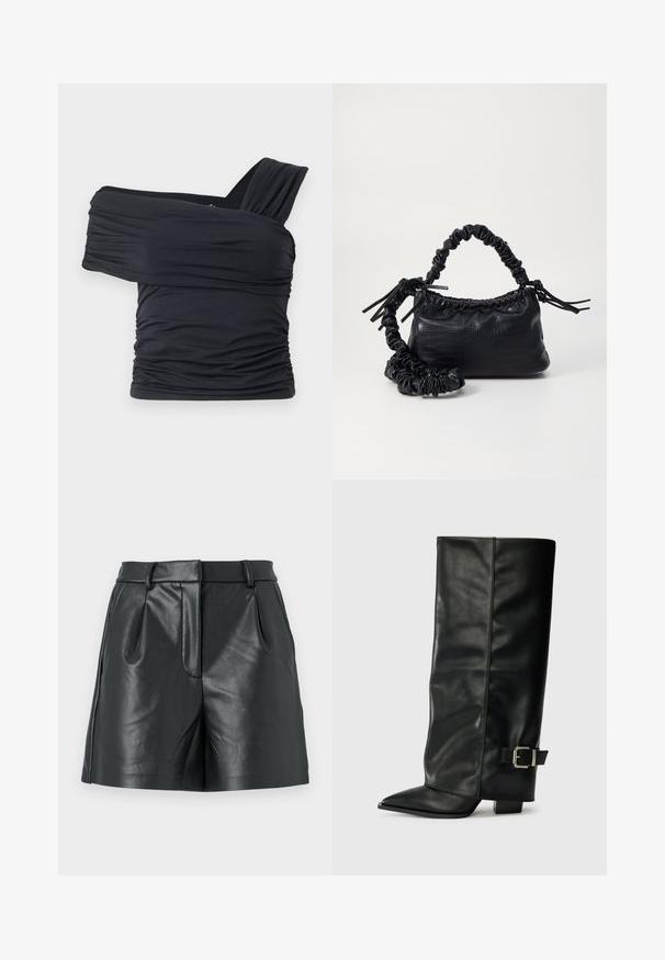 Melna off-shoulder gapģē jeb topiņš, kas izgatavots no mīksta, elastīga auduma, ar ručām un plašo siksnu dizainu vienā pusē.; ONLY ONLPENNY - Šorti - black; Melni ādas potītes zābaki ar asu purngalu, gludu virsmu un sudraba sprādzi uz sāniem. Masīvs kvadrātveida papēdis.; Melnā mākslīgās ādas rokassoma ar krokodila rakstu, savilkta augšdaļa un saburzīta siksna. Izskatās mīksta un kompakta pēc dizaina.