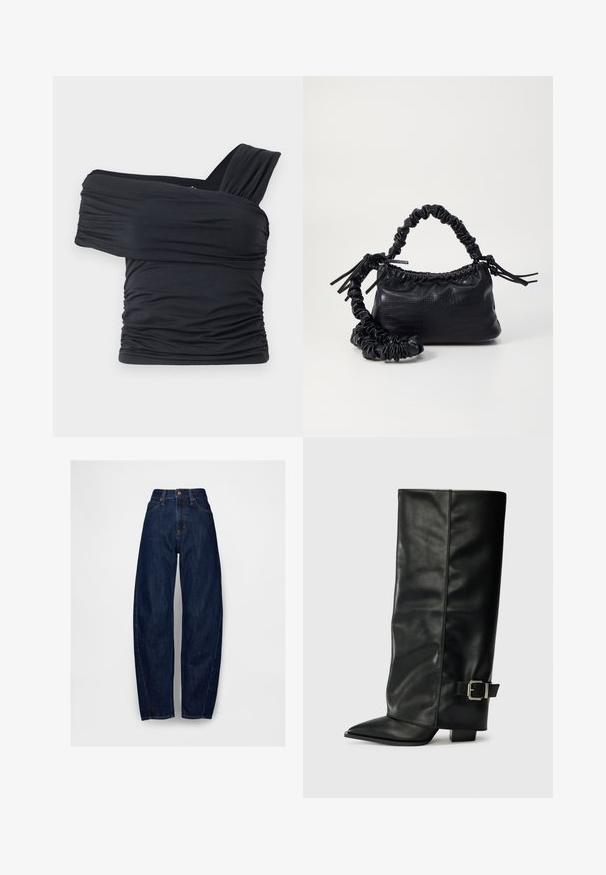 Juodas viršus be petnešų, pagamintas iš minkšto, elastingo audinio, su raukšlėtomis detalėmis ir plačios petnešos dizainu vienoje pusėje.; Tamsiai mėlynos aukštu juosmeniu džinsinės kelnės su laisvu pritaikymu, turinčios penkis kišenes, vieną priekinį mygtuką ir siuvinėjimus palei siūles.; Juodų odinių kulkšninių batų su smailiu pirštu, lygia tekstūra ir sidabriniu sagties akcentu šone. Masyvūs kvadratiniai kulniukai.; Juodas dirbtinės odos rankinė su krokodilo tekstūra, sušnibždinta viršuje ir susikraipytu dirželiu. Atrodo minkšta ir kompaktiška.