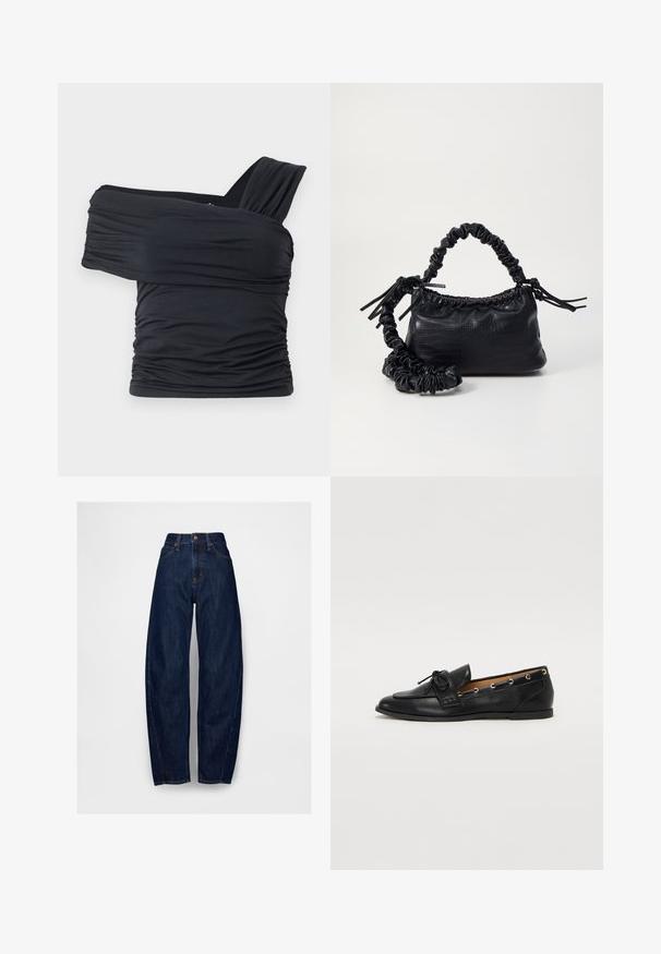 Fekete, vállnélküli felső, puha, rugalmas anyagból, fodros részletekkel és egyoldali széles pánttal.; Sötétkék, magasított derekú, lazán szabott farmernadrág, öt zsebből áll, egyszeri elülső gombbal és varrott részletekkel a varrás mentén.; Fekete bőr lófarok cipők, megkötött masnival, arany szemcsés díszítéssel az oldalán és lapos gumitalppal. Simaság, klasszikus dizájn.; Fekete műbőr kézi táska krokodil bőr textúrával, összehúzható tetejű és gyűrt pánttal. Lágy és kompakt dizájnúnak tűnik.