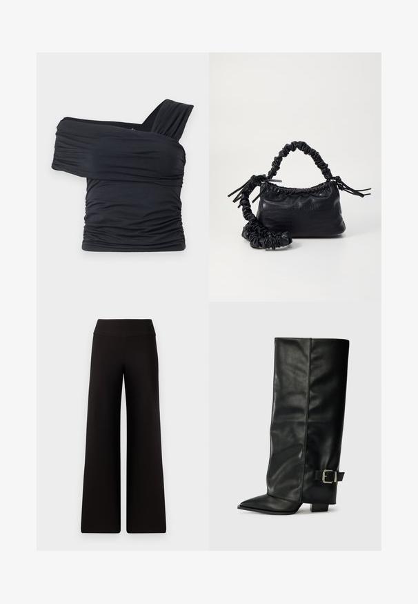 Zwarte off-shoulder top gemaakt van zachte, rekbare stof, met gerimpelde details en een bredere bandontwerp aan één kant.; Zwarte wijde broek met een soepele tailleband, gemaakt van een zachte stof. Heeft een losse pasvorm en minimale stikseldetails.; Zwarte leren enkellange laarzen met een spitse neus, een gladde textuur en een zilveren gesps Accent aan de zijkant. Stevige vierkante hak.; Zwarte nepleer handtas met een krokodillenstructuur, opgedroogde bovenkant en een gekreukte hengsel. Het lijkt zacht en compact van ontwerp.