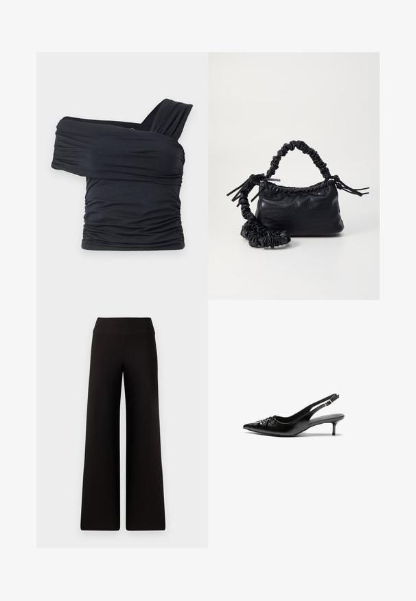 Black off-shoulder top made from soft, stretchy fabric, featuring ruched details and a wide strap design on one side.; Black wide-leg pants with a smooth waistband, made from a soft material. Features a loose fit and minimal stitching details.; Black leather slingback heels with a pointed toe, small kitten heel, and a decorative knot detail on the front. Smooth texture throughout.; Black faux leather handbag with a crocodile texture, cinched top, and a scrunched strap. Appears soft and compact in design.