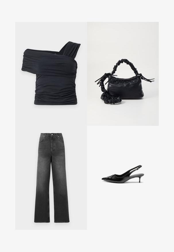 Black off-shoulder top made from soft, stretchy fabric, featuring ruched details and a wide strap design on one side.; High-waisted, wide-leg jeans made of dark gray denim. Features a classic five-pocket design and stitched hem detailing.; Black leather slingback heels with a pointed toe, small kitten heel, and a decorative knot detail on the front. Smooth texture throughout.; Black faux leather handbag with a crocodile texture, cinched top, and a scrunched strap. Appears soft and compact in design.