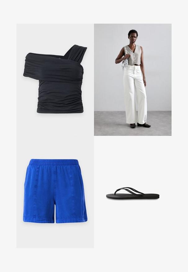 Must mustriba mustreenipee peal pehmed kudumeeliselt ja venivast kangast, omades rikutud detaile ja laia rihma disaini ühel küljel.; Sinine puuvillane lühikesed püksid elastse vöökoha, küljetaskute ja õmmeldud õmblustega, millel on sile tekstuur ja lõdvestunud disain.; Mustad mustes suss, millel on tekstureeritud kummist põhi, kaks peenikest rihma ja tagasihoidlik, reljeefne logo detail rihmal.; Hallitatud hall vest nööpidega, koos valgete laia säärega teksade ja mustade lameda tallaga kingadega. Kaunistatud väikese hõbedase frantsiisiga kotiga.