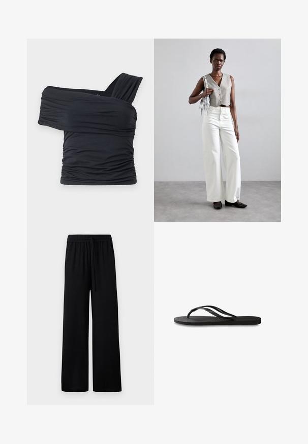 Črna majica brez naramnic, izdelana iz mehkega in raztegljivega materiala, z nabranimi detajli in širokim trakastim dizajnom na eni strani.; Črne široke hlače z elastičnim pasom in nastavljivo vrvico. Gladka tkanina brez vidnih vzorcev ali dodatkov.; Črne natikače z teksturirano gumijasto podlogo, dvema ozkima trakoma in subtilnim, vtisnjenim logom na traku.; Siv prirezani telovnik z gumbi, v kombinaciji z belimi širokimi kavbojkami in črnimi ravnimi čevlji. Opremljen z majhno srebrno torbico z resicami.