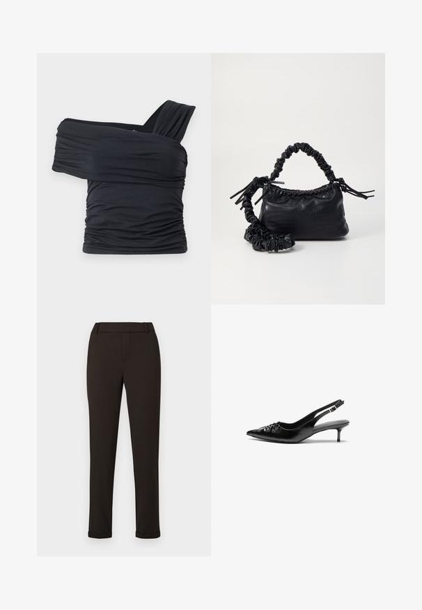 Black off-shoulder top made from soft, stretchy fabric, featuring ruched details and a wide strap design on one side.; Black slim-fit trousers with belt loops and cuffs against a plain white background.; Black leather slingback heels with a pointed toe, small kitten heel, and a decorative knot detail on the front. Smooth texture throughout.; Black faux leather handbag with a crocodile texture, cinched top, and a scrunched strap. Appears soft and compact in design.