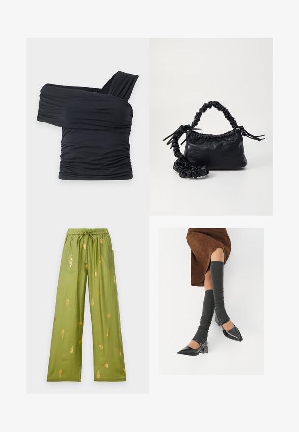 Black off-shoulder top made from soft, stretchy fabric, featuring ruched details and a wide strap design on one side.; Wide-leg olive green pants with elastic waistband and drawstring, decorated with gold seashell and conch patterns.; Black patent leather pointed-toe shoes with a block heel and ankle strap, paired with gray ribbed leg warmers and a brown suede skirt.; Black faux leather handbag with a crocodile texture, cinched top, and a scrunched strap. Appears soft and compact in design.