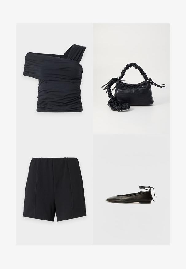 Schwarzes Off-Shoulder-Top aus weichem, elastischem Stoff, mit Rüschendetails und einem breiten Trägerdesign auf einer Seite.; Schwarze Sportshorts aus elastischem Material mit einem elastischen Bund, flachen Nähten, lockerer Passform und glatter Textur. Keine Taschen oder Verzierungen.; Schwarze Leder-Ballerinas mit spitzem Zehenbereich, Knöchelband und flacher Sohle, die eine glatte Textur und ein minimalistisches Design aufweisen.; Schwarze Handtasche aus Kunstleder mit Krokodilstruktur, gerafftem oberen Teil und einem geschoppten Tragegurt. Sie wirkt weich und kompakt im Design.