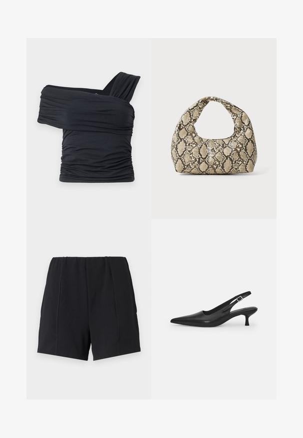 Top nero senza spalline realizzato in tessuto morbido e elasticizzato, con dettagli arricciati e un design con fascia larga su un lato.; Pantaloni sportivi neri con vita elasticizzata, caratterizzati da cuciture piatte, una vestibilità morbida e una texture liscia. Senza tasche o decorazioni.; Scarpa slingback nera in pelle con punta affusolata e tacco sottile e curvato. Presenta una discreta fascia regolabile con una fibbia in metallo.; Borsa a stampa rettile con manico curvo. Realizzata in materiali testurizzati beige e marroni, presenta un distintivo motivo a rombi.