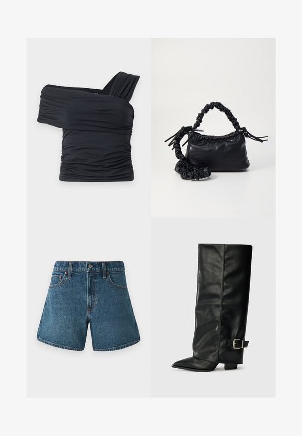 Zwarte off-shoulder top gemaakt van zachte, rekbare stof, met gerimpelde details en een bredere bandontwerp aan één kant.; Denim shorts in een middelblauwe tint met een rechte snit, traditioneel vijf-pocket ontwerp en contrasterende stiksels langs de randen.; Zwarte leren enkellange laarzen met een spitse neus, een gladde textuur en een zilveren gesps Accent aan de zijkant. Stevige vierkante hak.; Zwarte nepleer handtas met een krokodillenstructuur, opgedroogde bovenkant en een gekreukte hengsel. Het lijkt zacht en compact van ontwerp.