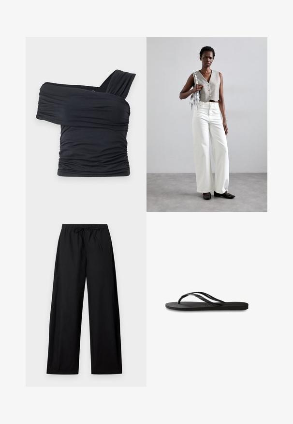 Črna majica brez naramnic, izdelana iz mehkega in raztegljivega materiala, z nabranimi detajli in širokim trakastim dizajnom na eni strani.; Črne široke hlače z elastičnim pasom in vezalko. Narejene iz lahkega materiala, z gladko teksturo in preprostim dizajnom.; Črne natikače z teksturirano gumijasto podlogo, dvema ozkima trakoma in subtilnim, vtisnjenim logom na traku.; Siv prirezani telovnik z gumbi, v kombinaciji z belimi širokimi kavbojkami in črnimi ravnimi čevlji. Opremljen z majhno srebrno torbico z resicami.