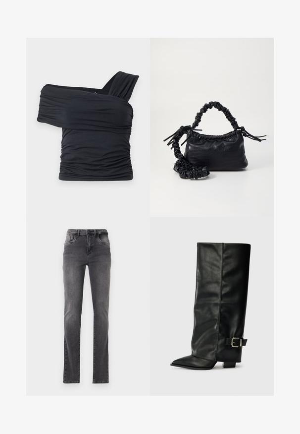 Fekete, vállnélküli felső, puha, rugalmas anyagból, fodros részletekkel és egyoldali széles pánttal.; Szürke, slim fit farmernadrág, enyhe kopással a combokon és a térdeken, elülső és hátsó zsebekkel, övhurkokkal és gombos záródással.; Fekete bőr bokáig érő csizmák hegyes orral, sima felülettel és ezüst csattal az oldalon. Tömbös négyzet alakú sarok.; Fekete műbőr kézi táska krokodil bőr textúrával, összehúzható tetejű és gyűrt pánttal. Lágy és kompakt dizájnúnak tűnik.