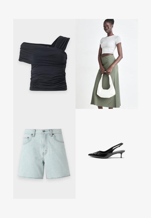 Crna bluzica bez naramenica napravljena od mekog, rastezljivog materijala, sa nabranim detaljima i širokim remenom s jedne strane.; Svijetloplave traper kratke hlače visokog struka, s dva prednja džepa, zatvaranjem na gumb i detaljima šivanja sa strane.; Crne kožne sandale na petu s ikkrenim nosom, malom kitten petom i dekorativnom mašnom sprijeda. Glatka tekstura svuda.; Sivi rebrasti crop top i maslinasto zeleni suknja visokog struka. Model drži bijelu torbu preko ramena s izrezima. Jednostavan dizajn, tijesna silueta.