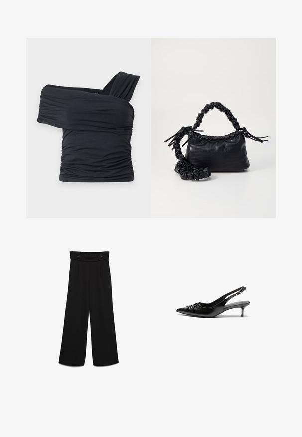 Top preto sem alças feito de um tecido macio e elástico, com detalhes franzidos e um design de alça larga de um lado.; Calças pretas de perna larga com cintura alta, apresentando dois botões frontais e textura suave. Corte direito com pregas na frente.; Sapatos de salto alto slingback em couro preto com bico fino, pequeno salto kitten e um detalhe decorativo em forma de nó na parte da frente. Textura suave em toda a parte.; Bolsa de mão em couro sintético preto com textura de crocodilo, topo franzido e alça enrugada. Apresenta um design suave e compacto.