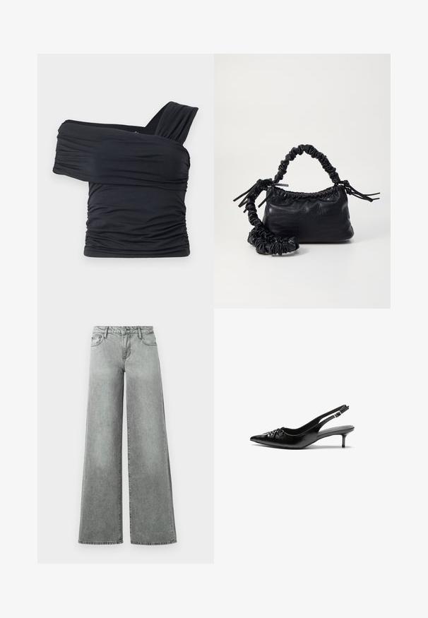 Black off-shoulder top made from soft, stretchy fabric, featuring ruched details and a wide strap design on one side.; Gray wide-leg jeans made of denim, featuring five pockets, a high waist, and a slightly faded finish with visible stitching.; Black leather slingback heels with a pointed toe, low kitten heel, and gathered detail on the vamp. Smooth texture and minimalist design.; Black faux leather handbag with a crocodile texture, cinched top, and a scrunched strap. Appears soft and compact in design.