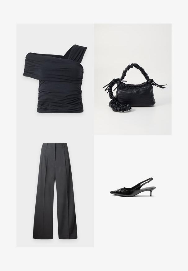 Black off-shoulder top made from soft, stretchy fabric, featuring ruched details and a wide strap design on one side.; Wide-leg trousers in dark gray fabric, featuring a high waist, single pleats, and a smooth texture with a clean finish at the hems.; Black leather slingback heels with a pointed toe, small kitten heel, and a decorative knot detail on the front. Smooth texture throughout.; Black faux leather handbag with a crocodile texture, cinched top, and a scrunched strap. Appears soft and compact in design.