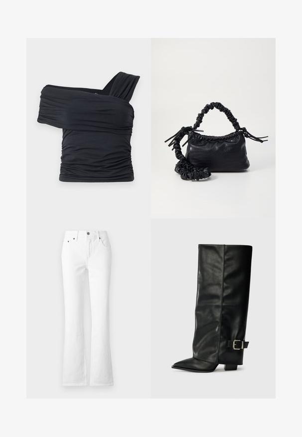 Must mustriba mustreenipee peal pehmed kudumeeliselt ja venivast kangast, omades rikutud detaile ja laia rihma disaini ühel küljel.; Valged denim-flared teksad, mis on varustatud kõrge vöökohaga, viie tasku ja nööp sulgemisega. Kangas on sileda tekstuuriga ning nähtava õmblemisega.; Mustad musta nahast pahkluu kingad, millel on terav nina, sile tekstuur ja hõbedane pandlaaksent küljel. Tõmblukuga suur ruudukujuline konts.; Must must sünteetilisest nahast käekott, millel on krokodillimuster, kokku tõmmatav ülaosa ja kortsus rihm. Tundub pehme ja kompaktne disain.