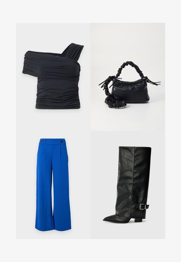 Zwarte off-shoulder top gemaakt van zachte, rekbare stof, met gerimpelde details en een bredere bandontwerp aan één kant.; Wijdbenige broek van felblauwe stof, met een op maat gemaakte tailleband met twee zwarte knopen en voorplooien. Zachte textuur, geen zichtbare patronen.; Zwarte leren enkellange laarzen met een spitse neus, een gladde textuur en een zilveren gesps Accent aan de zijkant. Stevige vierkante hak.; Zwarte nepleer handtas met een krokodillenstructuur, opgedroogde bovenkant en een gekreukte hengsel. Het lijkt zacht en compact van ontwerp.