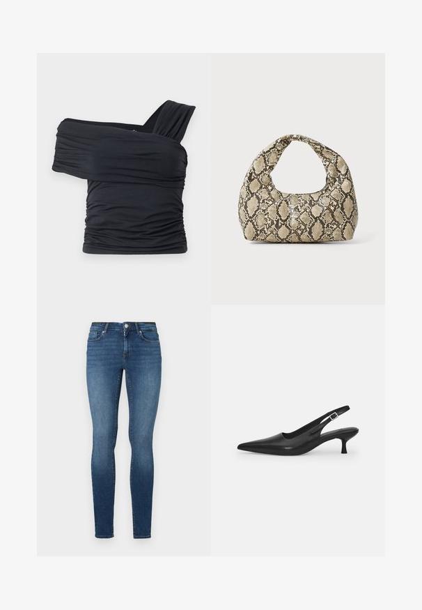 Μαύρο τοπ χωρίς ώμους φτιαγμένο από μαλακό, ελαστικό ύφασμα, με ραμμένες λεπτομέρειες και σχέδιο φαρδιάς τιράντας από τη μία πλευρά.; Λεπτά τζιν σε σκούρο μπλε τζιν, με πέντε τσέπες, μπροστινό κουμπί και φερμουάρ. Το ύφασμα έχει λεία υφή με ελαφριά φθορά.; Μαύρο δερμάτινο παπούτσι slingback με μυτερή μύτη και λεπτό, καμπυλωτό τακούνι. Διαθέτει διακριτό ρυθμιζόμενο λουράκι με μεταλλική πόρπη.; Τσάντα σε σχέδιο φίδι με καμπυλωτή λαβή. Φτιαγμένη από υλικά με υφή, σε μπεζ και καφέ αποχρώσεις, με ξεχωριστό διαμαντένιο σχέδιο.
