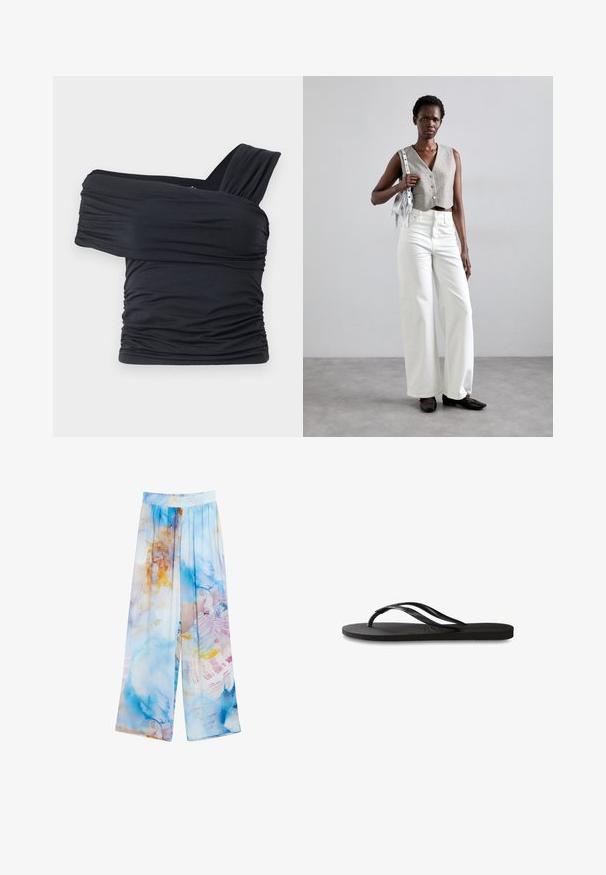 Čierny top bez ramienok vyrobený z jemného, elastického materiálu, s nariasenými detailmi a širokým dizajnom ramienka na jednej strane.; Ľahké nohavice so širokými nohami, ktoré majú modro-oranžový akvarelový vzor. Elastický pás, mäkká textúra látky a vzdušná silueta.; Čierne žabky s textúrovanou gumovou podrážkou, dvoma štíhlymi popruhmi a diskrétnym embosovaným logom na popruhu.; Sivý skrátený vest s gombíkmi, skombinovaný s bielymi širokými nohavicami a čiernymi plochými topánkami. Doplnkový malý strieborný strapcatý ruksak.