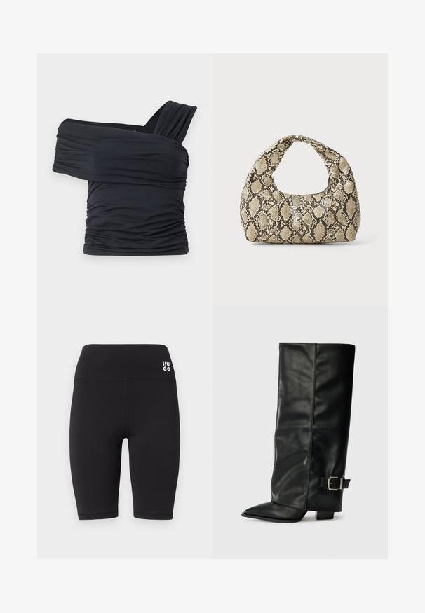 Melna off-shoulder gapģē jeb topiņš, kas izgatavots no mīksta, elastīga auduma, ar ručām un plašo siksnu dizainu vienā pusē.; Melnas riteņu šorti, kas izgatavoti no viegla, elastīga auduma. Ir augsta josta ar baltu "HUGO" logotipu priekšpusē.; Melni ādas potītes zābaki ar asu purngalu, gludu virsmu un sudraba sprādzi uz sāniem. Masīvs kvadrātveida papēdis.; Čūsku raksta soma ar izliekto rokturi. Izgatavota no teksturētiem, bēšiem un brūniem materiāliem, ar izteiksmīgu dimanta rakstu.