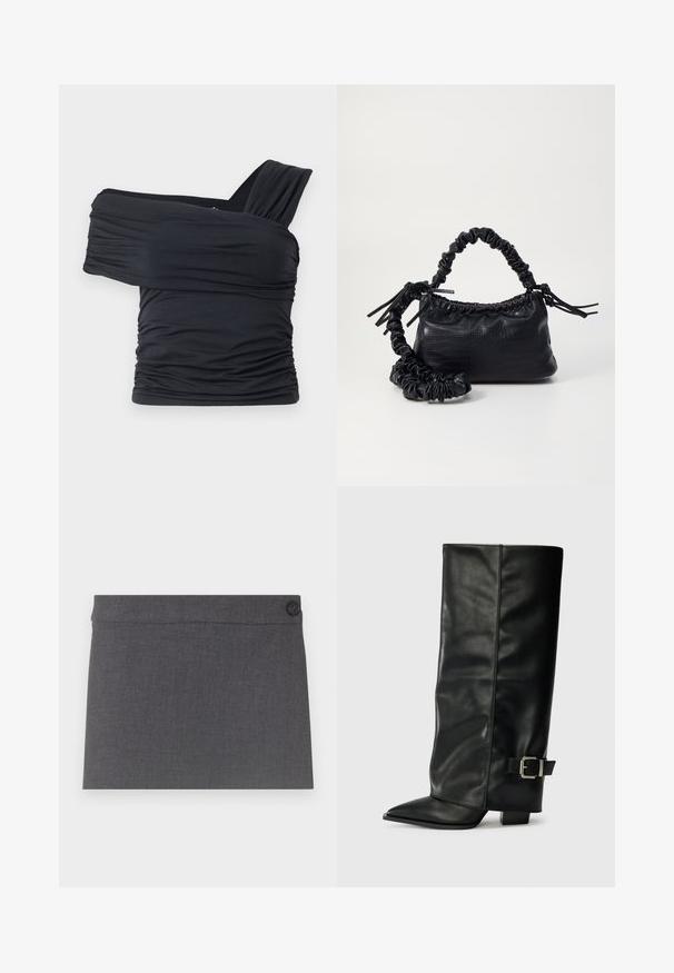 Zwarte off-shoulder top gemaakt van zachte, rekbare stof, met gerimpelde details en een bredere bandontwerp aan één kant.; Grijze stoffen rok met een gladde textuur, rechte snit en een enkele zwarte knop op de tailleband, met een schone en eenvoudige esthetiek.; Zwarte leren enkellange laarzen met een spitse neus, een gladde textuur en een zilveren gesps Accent aan de zijkant. Stevige vierkante hak.; Zwarte nepleer handtas met een krokodillenstructuur, opgedroogde bovenkant en een gekreukte hengsel. Het lijkt zacht en compact van ontwerp.